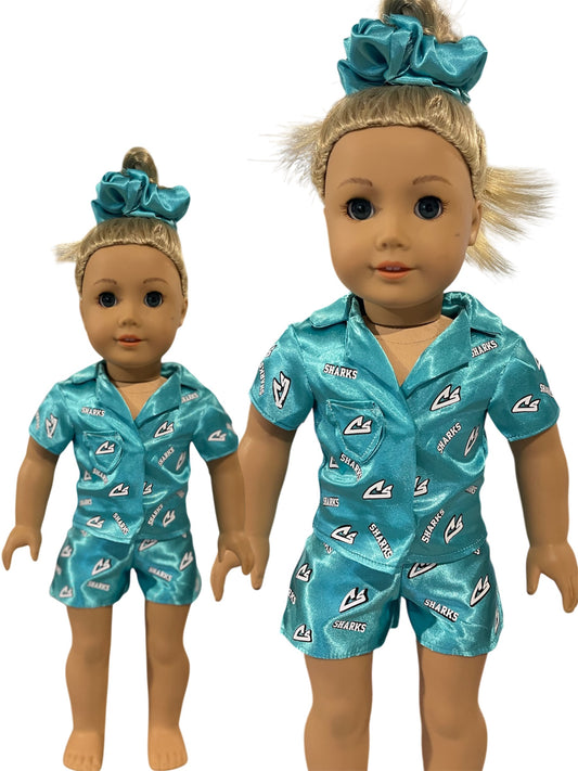 DOLL -Satiny Sharks Teal Pajamas